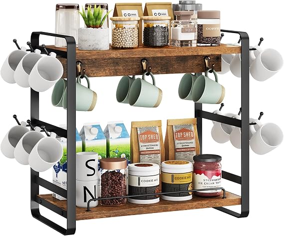 IBUYKE Kitchen Mug Cup Holder,2 Tier Coffee Bar Organizer,Brown TBJ006H