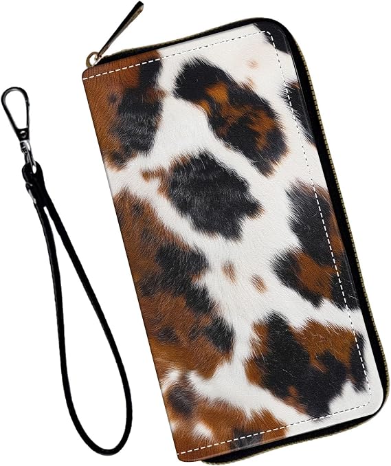 Women's Wallets,Wallet Wristlet for Women (Removable Wristlet) RFID Blocking Credit Card Holder Teen Girls PU Leather Phone Zip Around Men Wallet Clutch Travel Purse,Brown Cow Pattern