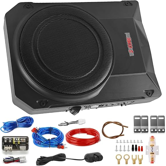 5 CORE 10 inch Slim Under Seat Car Audio Subwoofer 800W Active Powered Under-Seat Built in Amplifier Truck Sub Woofer in Enclosure Box + Wiring Kit & Remote Control - BTUBE UNDR ST 150