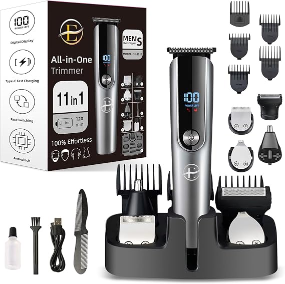 E-Hunter Beard Trimmer for Men - 5 in 1 Kit Electric Razor, Nose Hair Trimmer with LED Display, Cordless Mustache Body Face Grooming Kit, Rechargeable Beard Shaver Aluminum