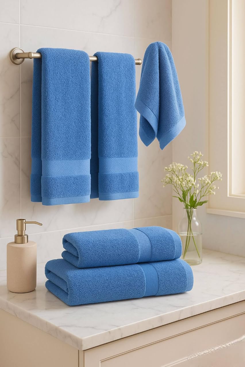 Banyo Havlusu Seti,%100 Pamuk, 70x140 cm + 50x90 Cm, 4'lü, Düz Desen, Yüksek Su Emici (Mavi-Mavi)