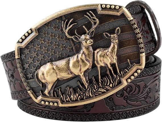 Western Belts for Men Cowboy Leather Belt Bronze Animal Deer Embossed Pattern Buckle Vintage Belt,Brown,100CM/39.4''