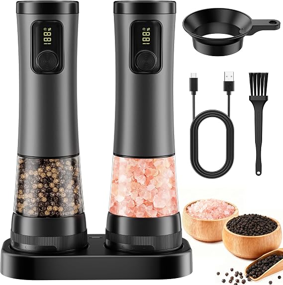 Electric Salt and Pepper Grinder Set - Rechargeable Salt Grinder with Led Power Display - Automatic Pepper Grinder with Storage Base - Pepper Mill with Light for Kitchen