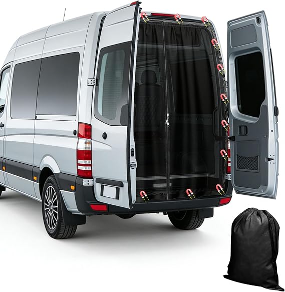 83"x59" Magnetic Van Bug Screen with Center Zipper, Full Perimeter Mount Mesh Curtain for High Roof Camper Van, Windproof Side/Rear Door Net for Sprinter, Transit, ProMaster