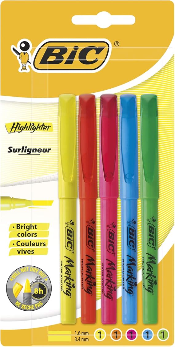 BIC Highlighter Pen, Highlighters Set Ideal for Home, Office and School, Assorted Colours, Pack of 5