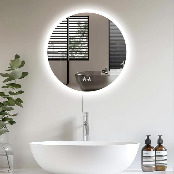 60cm Round Bathroom Mirror with LED Lights, Shaving Mirror with Touch Switch, Anti-Fog, 3 Lighting Modes, Dimming, IP54