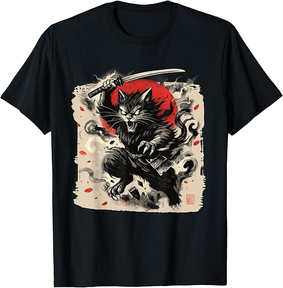 Samurai Cat Japanese Vintage Ukiyo-e Warrior Art Graphic T-Shirt