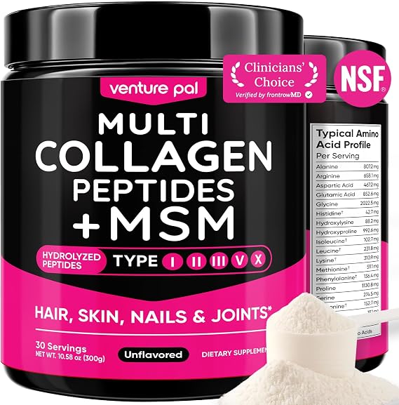 Multi Collagen Powder Type I II III V X, Hydrolyzed Collagen Peptides | With MSM, Glucosamine Chondroitin, Hyaluronic Acid & Vitamin C to Support Skin, Hair, Nails & Joint Health, Unflavored