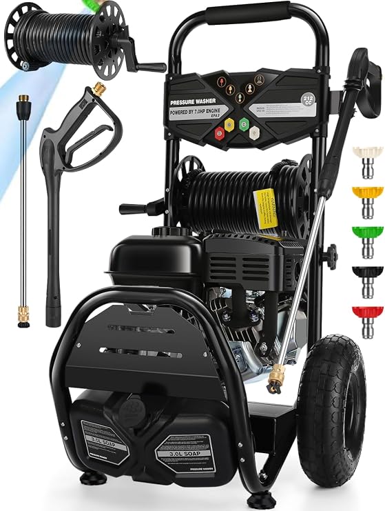 4200PSI Gas Pressure Washer 4.0GPM Gas Power Washer 212CC Gas Powered Washing Machine Commercial High Pressure Washer with 32ft Hose Reel&5 Nozzles for Patio Garden Yard Vehicle,EPA/CARB/ETL