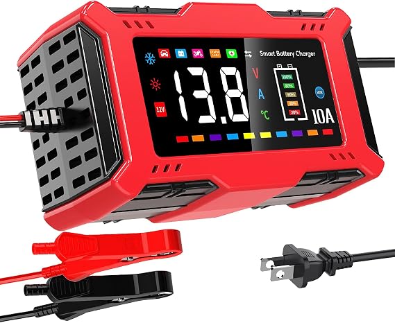 Car Battery Charger 10A with Large LCD Display for 12V Lead Acid & 14.6V LiFePO4, Automatic Battery Maintainer, Trickle Charger, Desulfator, AGM/Gel/SLA Charger for Cars Trucks Motorcycles Boats