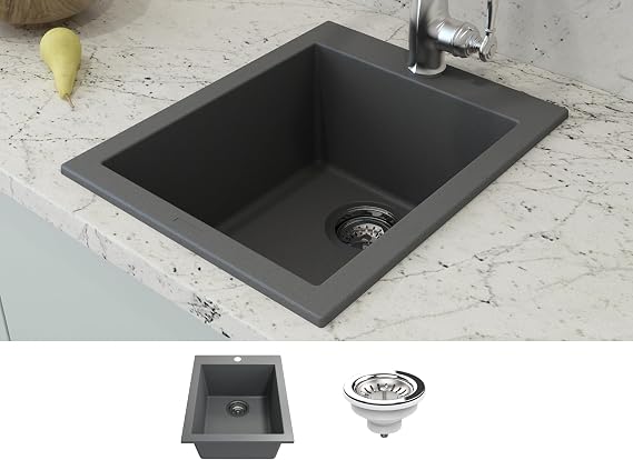 Hyperion 16 Dual-Mount Granite Composite 16 in. Single Bowl Bar Sink in Concrete Gray
