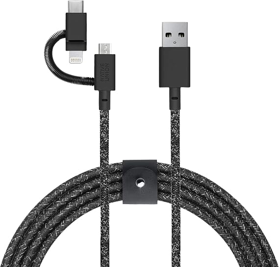 Native Union Belt Cable Universal - 6.5ft Ultra-Strong Reinforced [MFi Certified] Durable Charging Cable with 3-in-1 Adaptor for Lightning, USB-C and Micro-USB Devices (Black)