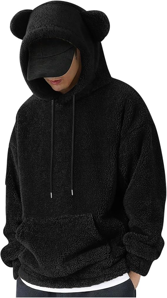 Mens Fuzzy Sherpa Hoodie Cute Teddy Bear Ears Pullover Sweatshirt Loose Cozy Pocket Long Sleeve Winter Homewear