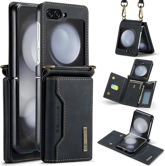 Samsung Galaxy Z Flip 5 Case, Trifold Leather Wallet Phone Case with Shoulder Strap & Card Holder Leather Pocket Phone Case Black