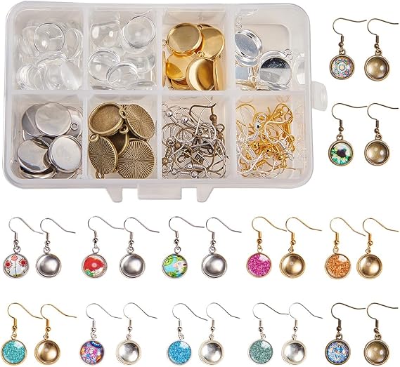 SUNNYCLUE 1 Box DIY 20 Pairs Cabochon Earrings Making Kit 40pcs Earring Bezel Earring Settings with 40pcs 12mm Clear Glass Cabochons, Earring Hooks(Dangle Earrings, 4 Color)