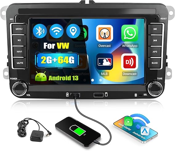 CAMECHO 2+64G Android 13 Car Radio for VW Golf 5 Golf 6 Skoda Polo Passat Tiguan Touran with Carplay/Android Car/Mirrorlink 7 Inch Touchscreen with WiFi Bluetooth GPS FM RDS 2USB