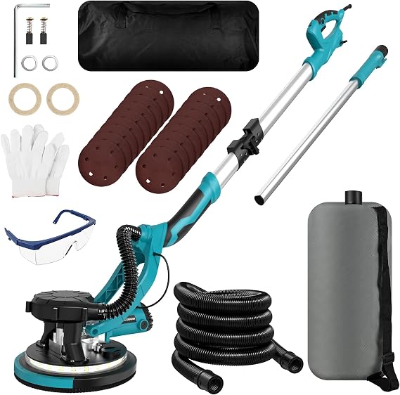 Drywall Sander, 1250W 11.5-Amp Electric Drywall Sander with Vacuum, Popcorn Ceiling Removal Tool with Variable Speed 800-1800RPM, Foldable & Extendable Handle, LED Light, 18pcs Sanding Discs