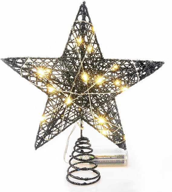 Emopeak 20 LED Christmas Tree Topper, 8 x10 Inch Black Indoor Iron Art Star Treetop Light, Two Modes (Keep Light ON/Flash) Black