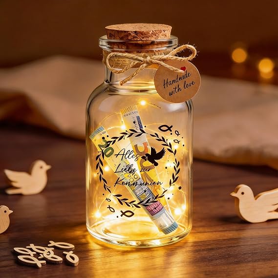 TUZELlYA Kommunion Geschenke Mädchen Junge LED Flaschenlicht Geldgeschenk mit Grußkarten für Taufe Erstkommunion Konfirmation und Erstkommunion Alles Liebe zur Kommunion