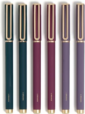 U Brands Catalina Felt Tip Pens, Set of 6 Black Ink Pens, Soft Touch Jewel Tones, Gold Details, Medium 0.7 mm Point