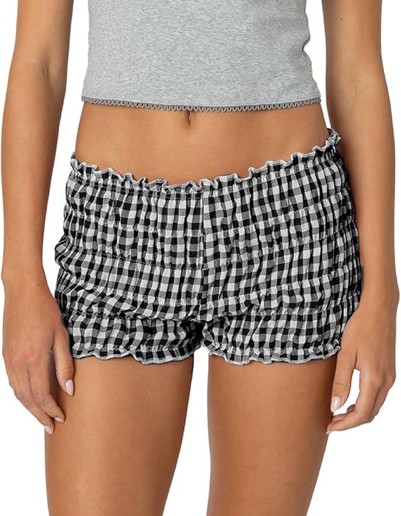 Women Y2K Ruffle Frill Mini Shorts Gingham Ruched Micro Pajama Shorts Low Waist Smocked Bloomers Bottom