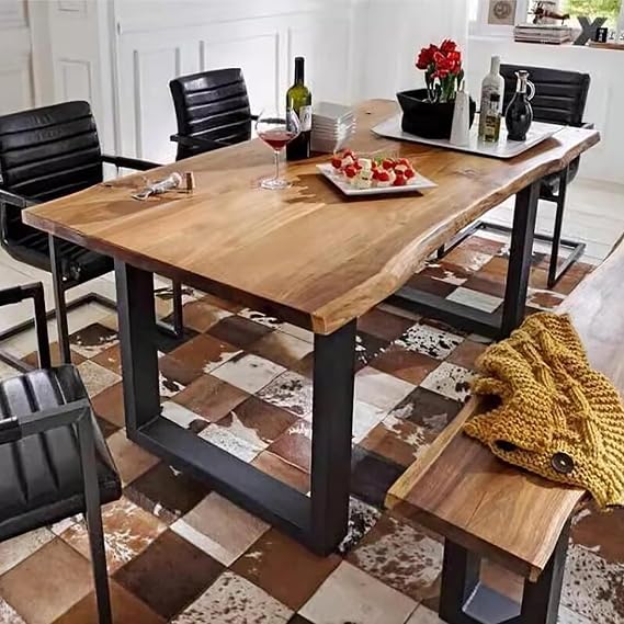 WuJin 10 PCS Industrial Solid Wood Dining Table,Rectangle Live Edge Kitchen Table,Rustic Pine Table Top & Metal Base,Large Long Rustic Dining Table for 2,4,6,8(63" L x 27.5" W x 29.5" H)