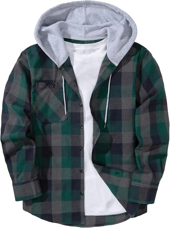 ZITY Men's Flannel Hoodie Shirts Casual Button Down Plaid Shirt Jackets for Men Long Sleeve Stylish Hooded with Pocket