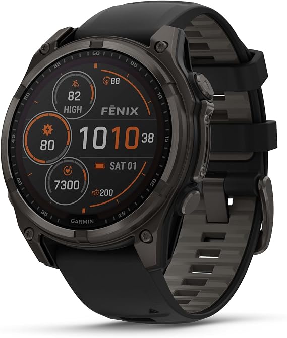 Garmin fenix 8 47 mm, Solar, Sapphire Karbon Gri DLC Titanyum, Siyah/Gri Silikon Kayışlı, Akıllı Saat