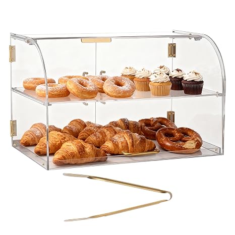 VEVOR Bakery Display Case, 2-Tier Commercial Countertop Pastry Display Case, Clear Acrylic Bread Box for Kitchen, Party Cake Cabinet with Magnetic Rear Door for Cookie Dessert Donut, 22" x 14" x 14"