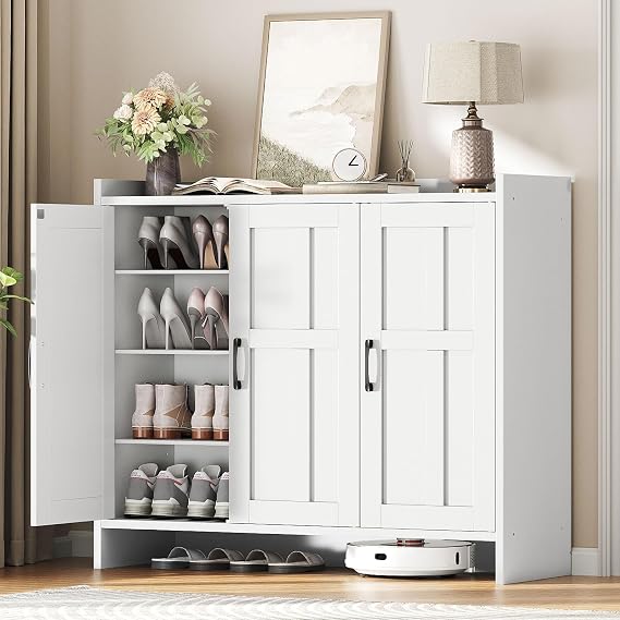HOOBRO Shoe Cabinet for Entryway, 42.1" Large Shoe Storage Cabinet with 3 Doors, Adjustable Shelves Shoe Organizer for 16-20 Pairs, Freestanding Shoe Rack for Entryway, Hallway, Closet, White