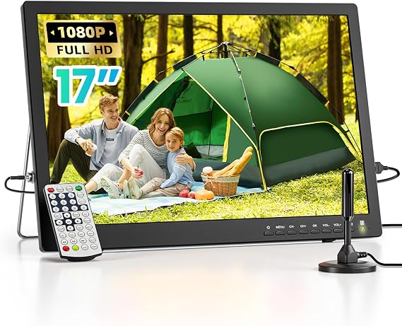 NORTHING 17" 1080P 12 Volt Portable TV with 7000mAH Built-in Power, Antenna/USB/HDMI/AV, Powered Portable TV for Camping Caravan Kitchen Power Outage, Sleep Timer