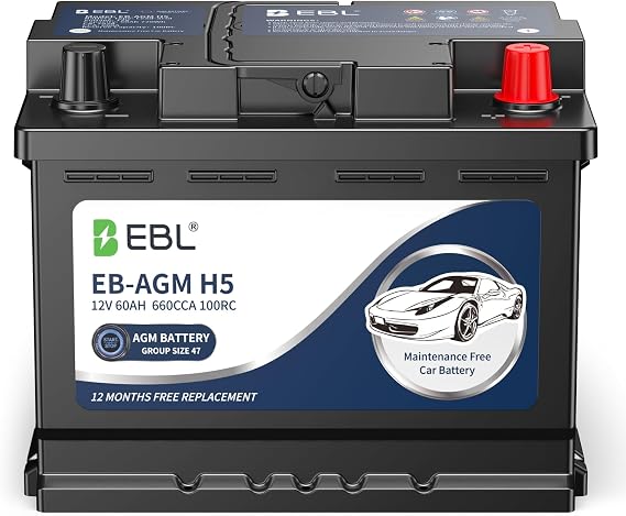 EBL BCI Group 47 Car Battery,12V 60Ah Size H5 Performance Series AGM Battery - High Power 660CCA 100RC, Maintenance-Free & Leakproof Design