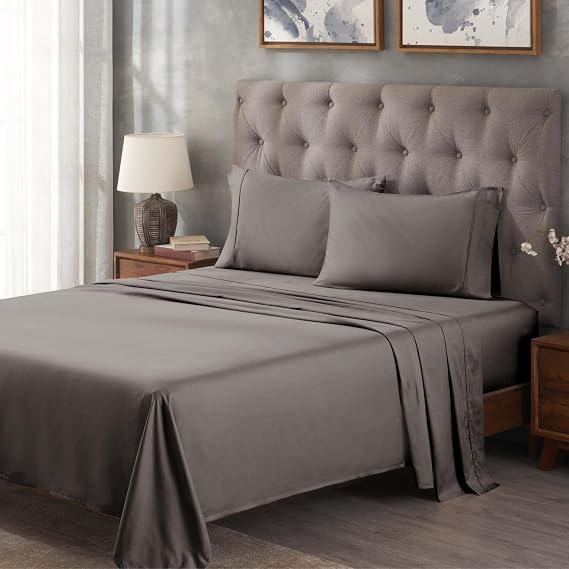SUPERIOR Egyptian Cotton 300 Thread Count Bed Sheet Set, 1 Elastic Deep Pocket Fitted Sheet, 1 Flat Sheet, 2 Pillowcases, Daily Soft Sheets, Luxury, Plush, Home Essentials, King, Grey
