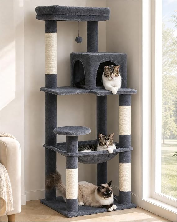 PEQULTI Cat Tree for Large Cats with Metal Frame Big Hammock, Cat Tower for Indoor Cats with 2 Door Condo House, [56.3"=143cm] Multi-Level Cat Shelves with Scratching Posts and Top Perch, Dark Grey