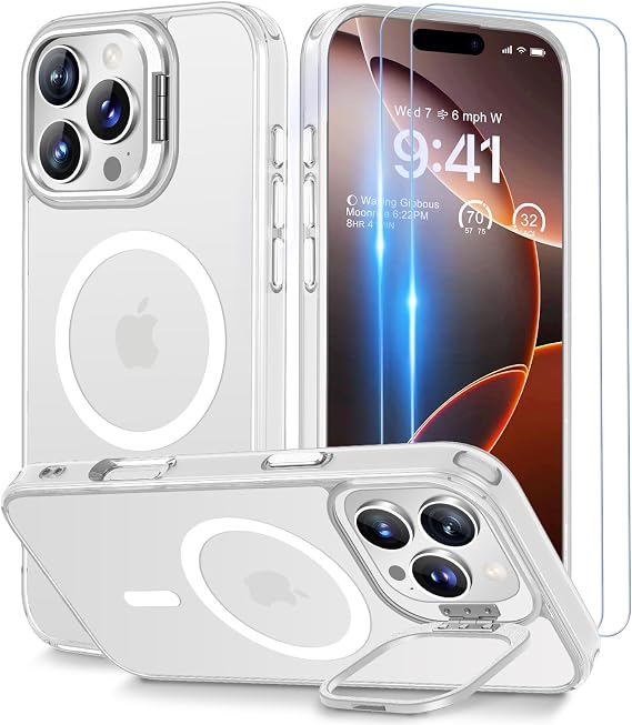 Beeasy for iPhone 16 Pro Max Case with 2 Tempered Glass Screen Protectors [with Stash Stand] [Compatible with Magsafe],Magnetic Phone Case for iPhone 16 Pro Max,6.9 inch Matte White
