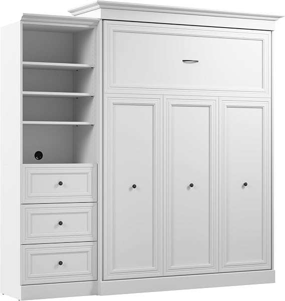 Bestar Queen Murphy Bed with Closet Organizer, White, Versatile, 92W