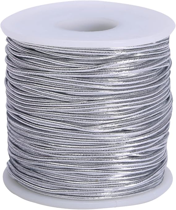 Metallic Stretch Cord Elastic Cords Ribbon Metallic Tinsel Cord Rope for Ornament Hanging, Decorating, Gift Wrapping, 1 mm 60 Yards (Silver)