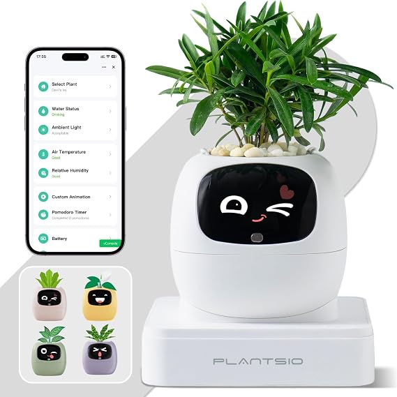 Smart Planter with App Control, Self-Watering AI Plant Pot with LCD Display, Desk Plant Flower Pot Companion for 50+ Plants Pet Planter with Pomodoro Timer,80ml Reservoir,Calendar (White)