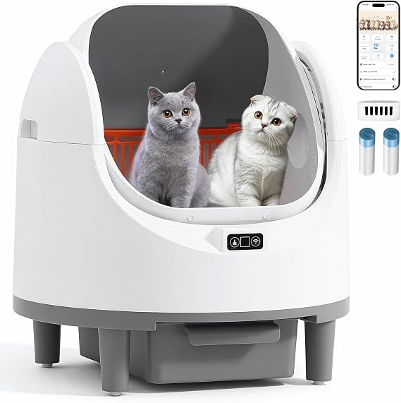 Open Top Automatic Cat Litter Box, Self Cleaning Litter Box with App Control for Multiple Cats, Featuring Safety Sensor & Odor-Free Waste Disposal, Includes 2 Roll Garbage Bags