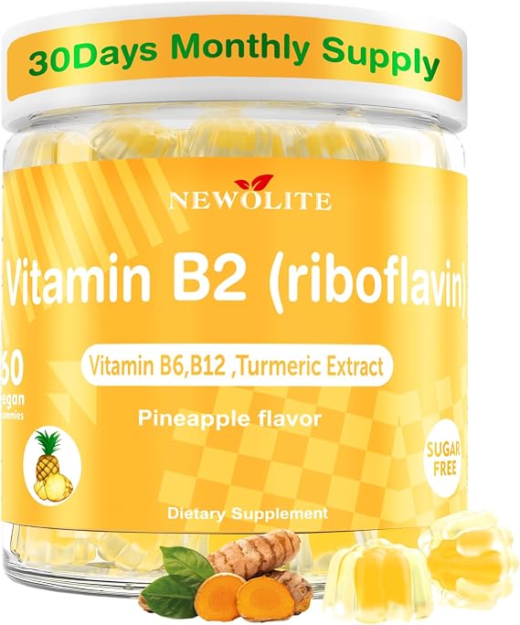 Vitamin B2 Gummies Riboflavin for Men Chewable B2 Vitamins for Adults with B Complex Turmeric Extract for Digestive Comfort,Nervous System Support, Vegan, Sugar-Free, Pineapple Flavor,60 Count