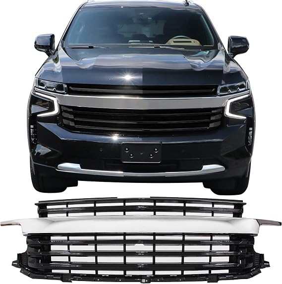 Fit 2021-2024 Chevy Tahoe & Suburban Front Grille Chrome & Gloss Black | IKON MOTORSPORTS, Front Bumper Hood Grille Lower Grill Added on Bodykit Replacement