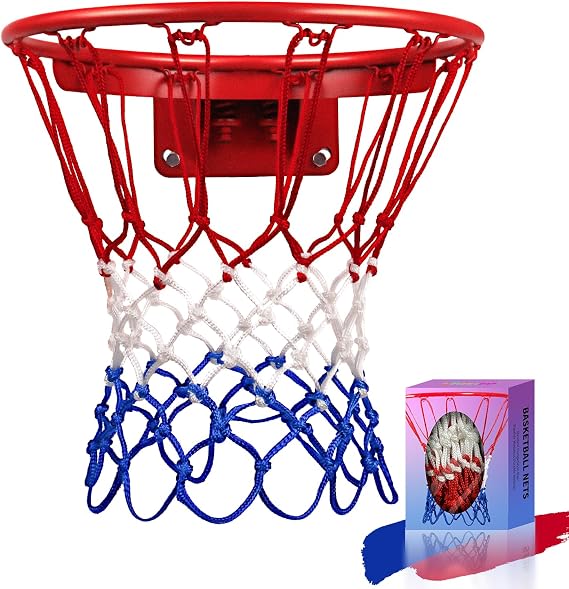 Heavy Duty Basketball Net Replacement - 2025 Upgrade Thick Professional All-Weather Anti-Whip Nets, 12 Loops Red/White/Blue Color, Fits Standard Outdoor Rims