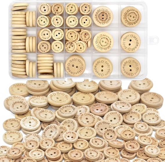 150 Pcs Wooden Handmade Buttons Sewing Round 2 Holes Buttons for Sewing Clothing Accessories, DIY Crafting Projects Decorations (15mm/20mm/25mm)