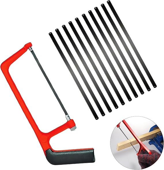 Red Adjustable Junior Hacksaw with 10 Blades, Heavy Duty Metal Saw for Cutting PVC, Wood, and Shingles, Mini Hand Saw for Precise Cuts, Ideal for DIY Projects, Hacksaw for Metal Cutting