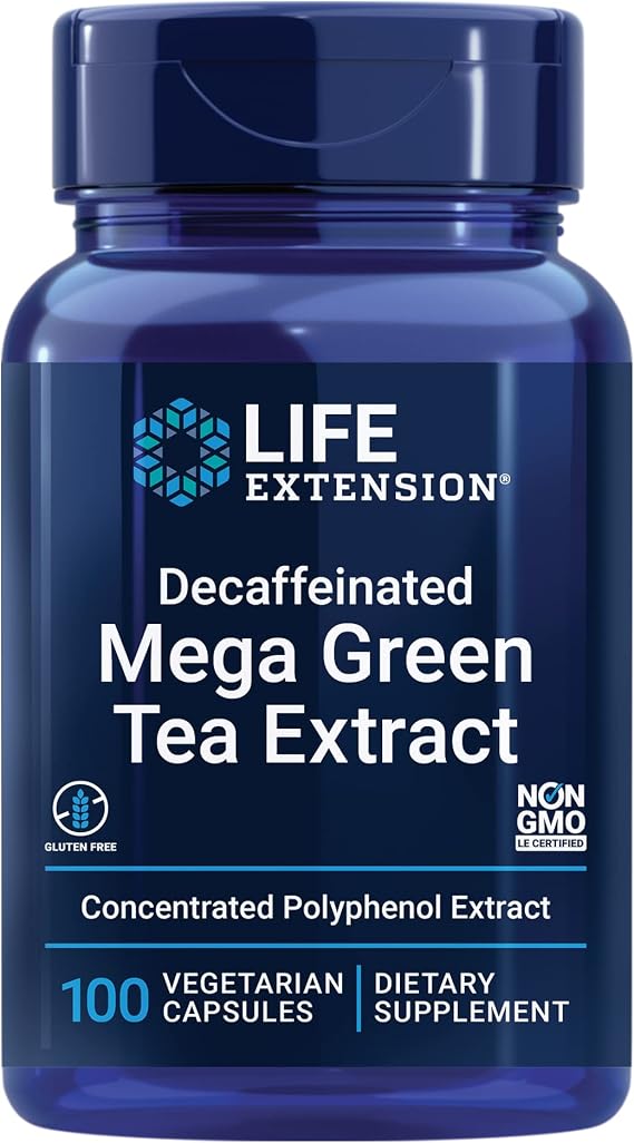 Life Extension Decaffeinated Mega Green Tea Extract Polyphenol-Rich, Cell Health, Heart Health, Brain Health, Antioxidant Protection Non-GMO, Gluten-Free, Vegetarian 100 Capsules | Camellia Sinensis Extract with Concentrated EGCG Polyphenols, Gluten-Free, Non-GMO & Vegetarian Formula