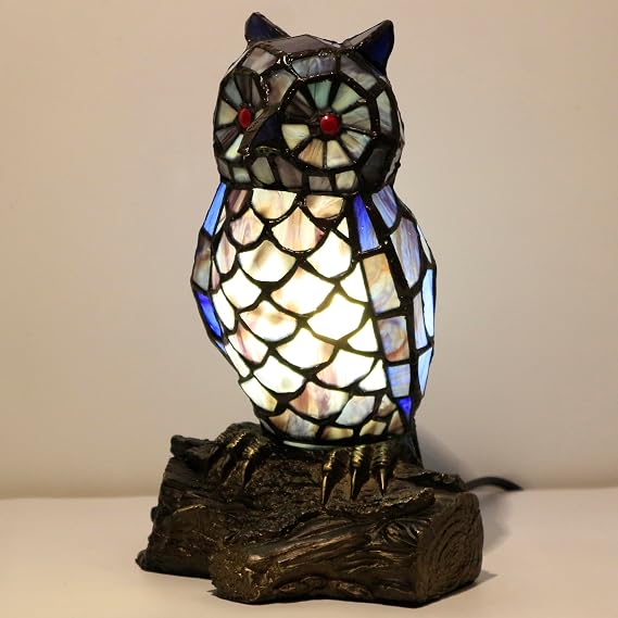 Small Tiffany Lamp Stained Glass Animal Table Lamp | Mini Accent Desk Night Light (Blue Purple Owl)