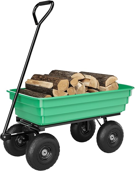 6 Cu.Ft. 1200Lbs Garden Cart Dump Wagon, Heavy-Duty 4 Wheel Wheelbarrow Yard Cart with 13-Inch All-Terrain Wheels, Features A Quick-Release Tipping Function, for Courtyards, Farm and Gardening