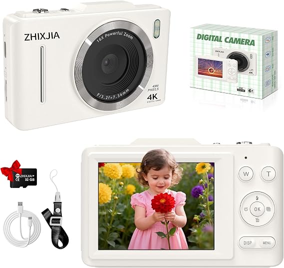 Digital Camera, 1080P FHD 4K 48MP Autofocus Compact Digital Camera with 2.8" LCD Screen, 16X Digital Zoom Digital Cameras with 32GB Card, Vlogging Camera for Kids Beginners Teens Students, White