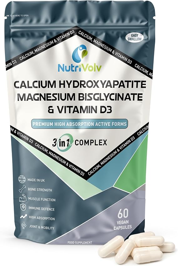 Calcium, Magnesium & Vitamin D3 | Premium Active Forms Complex | 60 Vegan Capsules | High Absorption Bone, Muscle & Immune Support | with Hydroxyapatite, Bisglycinate & Vegan D3 | by NutriVolv