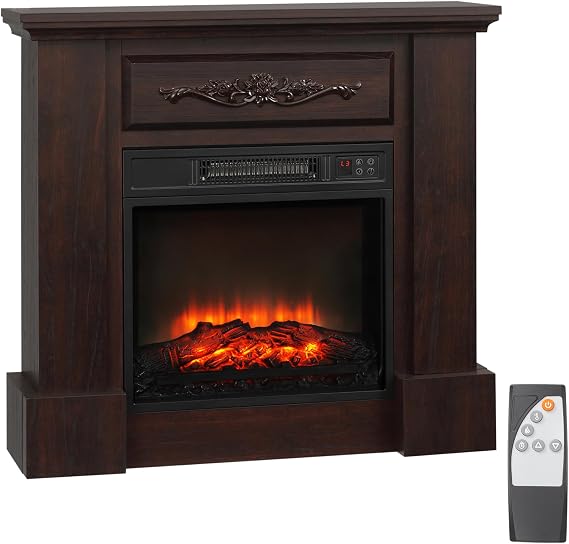 HOMCOM 32" Electric Fireplace with Mantel, Freestanding Heater with LED Log Flame, Overheat Protection and Remote Control, 1400W, Brown